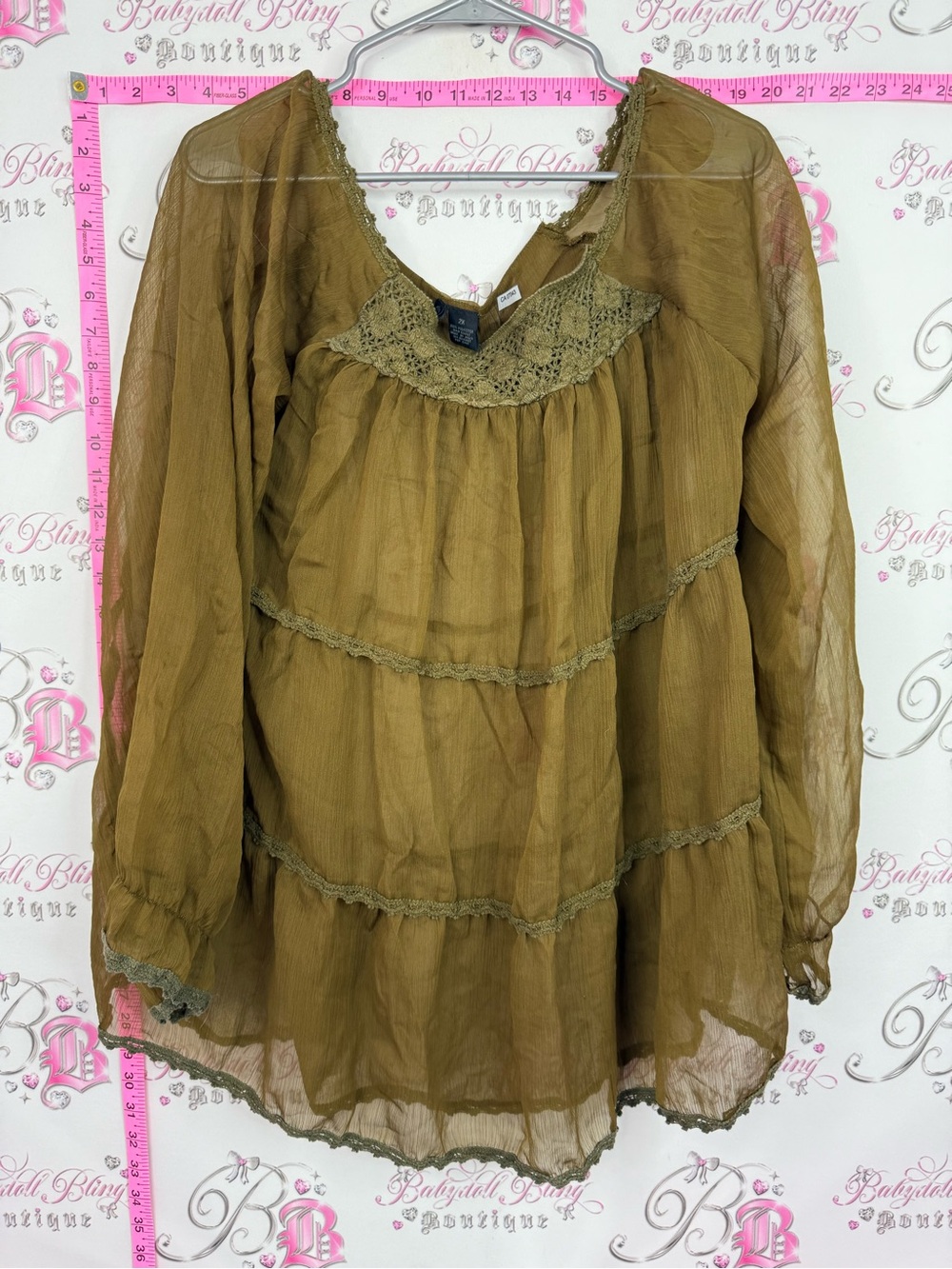Apollo shirt ruffle Sheer Olive Green Tiered Peasant Blouse -
